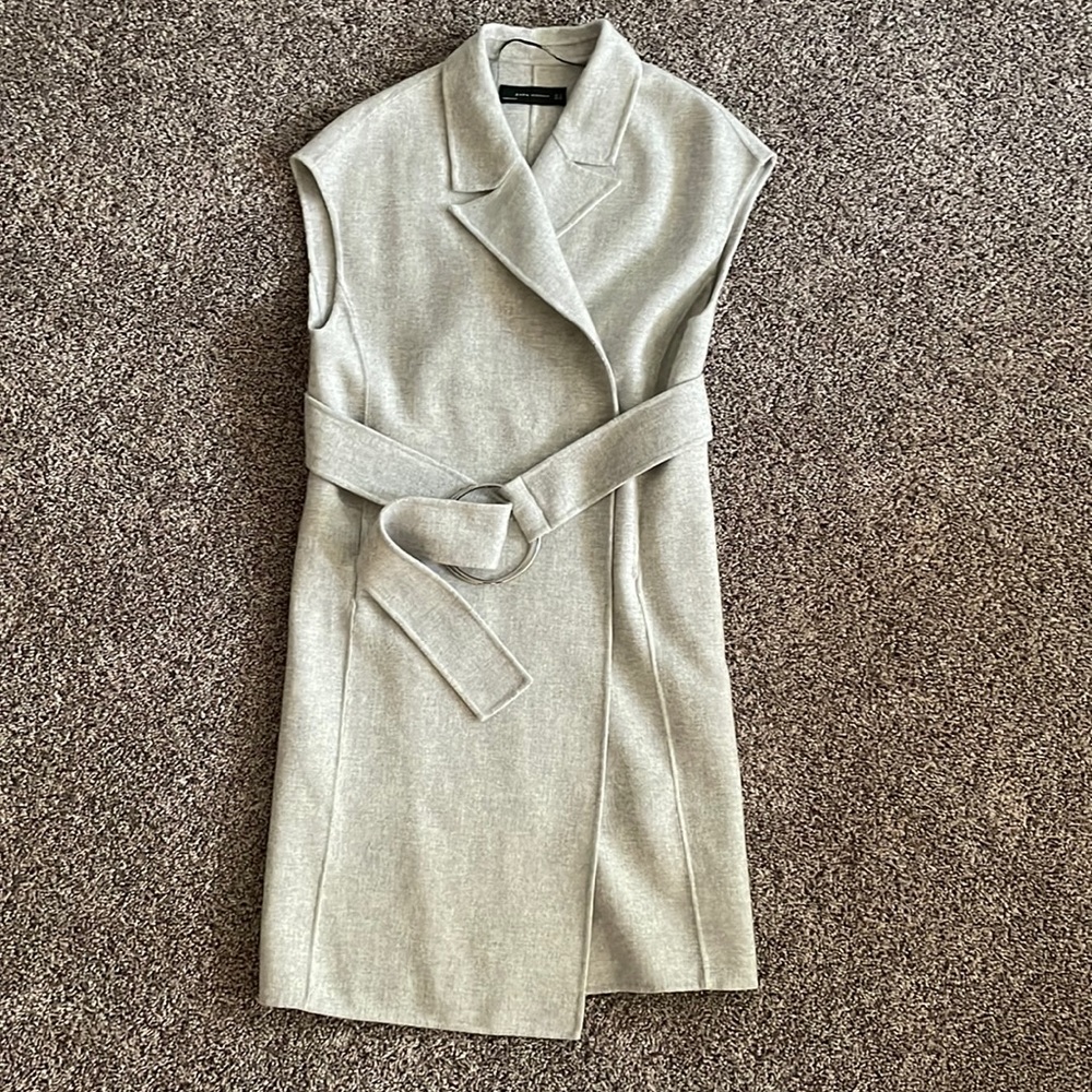 ZARA, gray sleeveless belted wool coat, with pockets